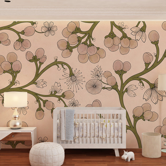 Babykamerbehang | Delicate bloemen en takken op een zachtroze achtergrond