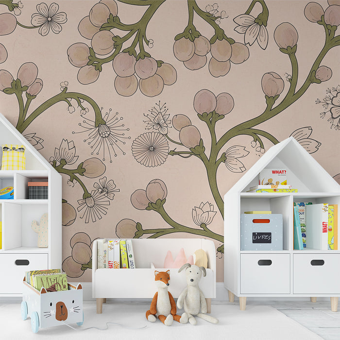 Babykamerbehang | Delicate bloemen en takken op een zachtroze achtergrond