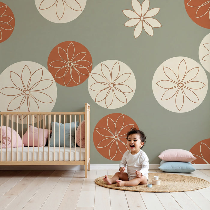 Babyzimmer Tapete | Zarte Blumen und bunte Kreise