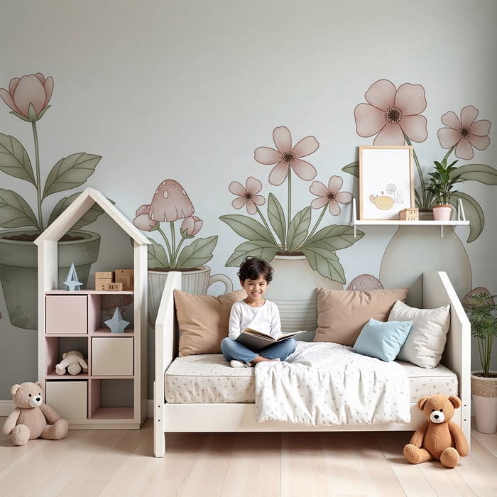 Babyzimmer-Tapete | Zarte Blumen und Pilze in Pastelltöpfen