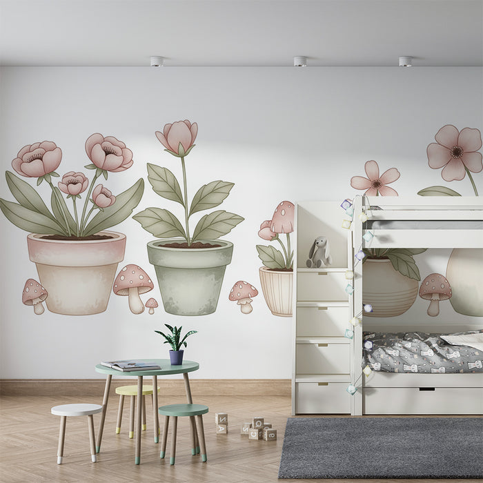 Babyzimmer-Tapete | Zarte Blumen und Pilze in Pastelltöpfen