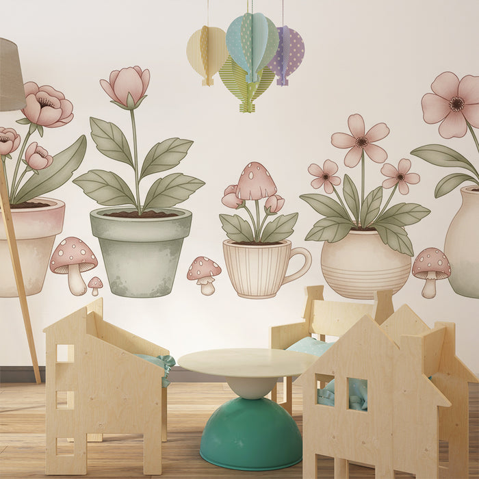 Babyzimmer-Tapete | Zarte Blumen und Pilze in Pastelltöpfen