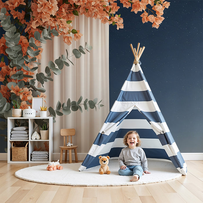 Papel de parede quarto bebê | Flores delicadas e céu estrelado