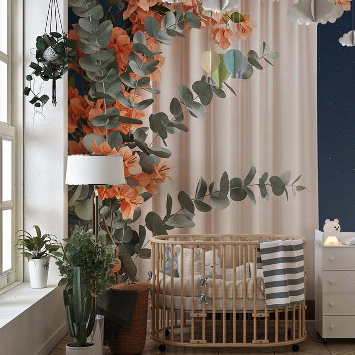 Papel de parede quarto bebê | Flores delicadas e céu estrelado