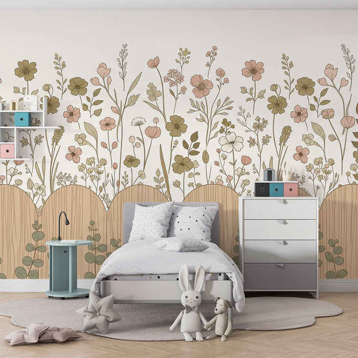 Babyzimmer Tapete | Zarte Blumen und Holzlatten für eine sanfte Atmosphäre