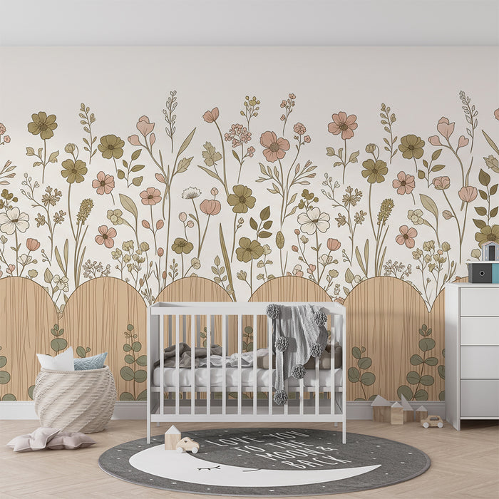 Babyzimmer Tapete | Zarte Blumen und Holzlatten für eine sanfte Atmosphäre