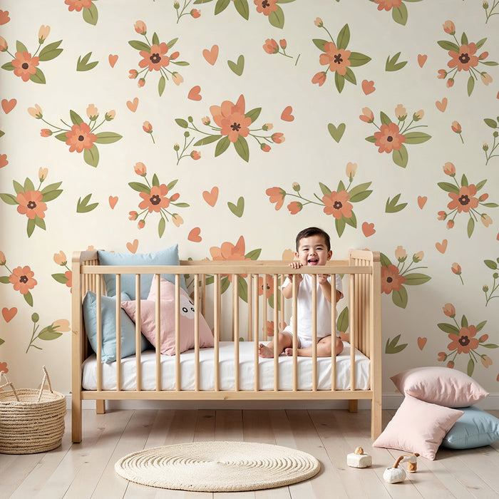 Papel de parede quarto bebê | Flores delicadas e corações em fundo creme
