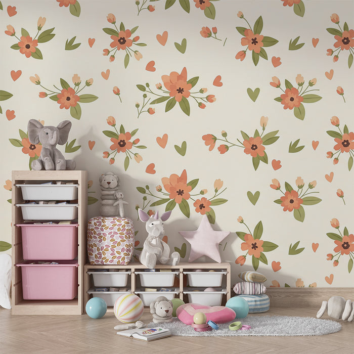 Papel de parede quarto bebê | Flores delicadas e corações em fundo creme