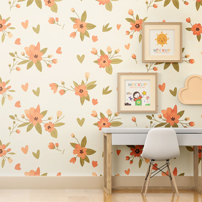 Papel de parede quarto bebê | Flores delicadas e corações em fundo creme