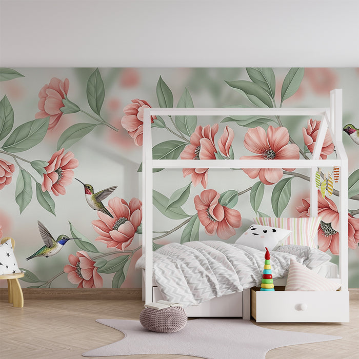 Tapet till babyrum | Fina blommor och kolibrier i en pastellfärgad trädgård