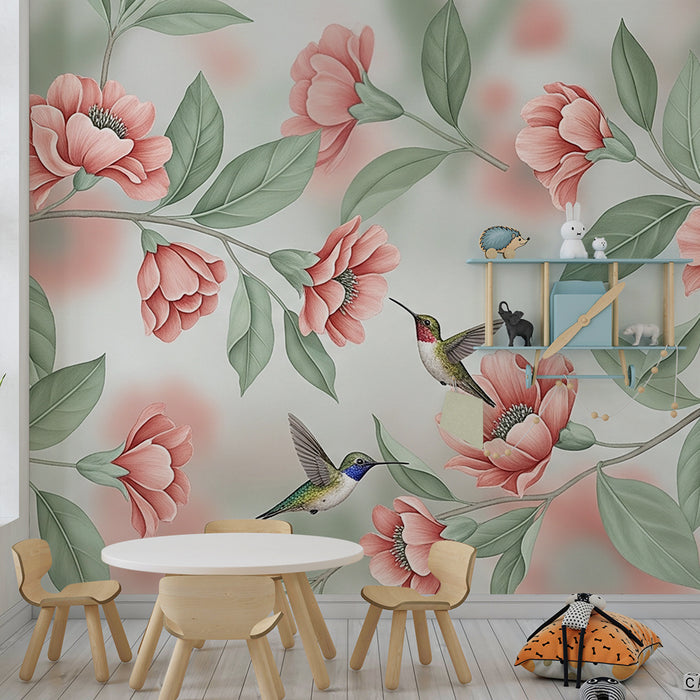 Tapet till babyrum | Fina blommor och kolibrier i en pastellfärgad trädgård