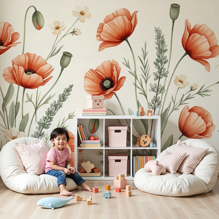 Papel de parede quarto bebê | Flores delicadas e papoilas