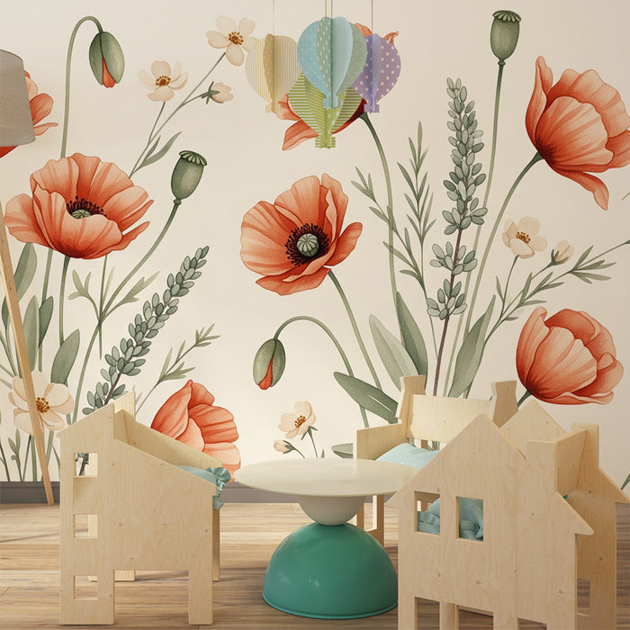 Papel de parede quarto bebê | Flores delicadas e papoilas