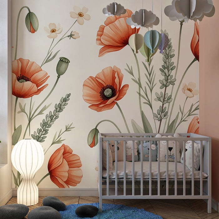 Papel de parede quarto bebê | Flores delicadas e papoilas