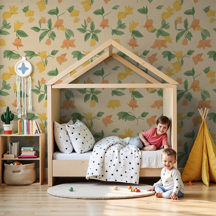 Papier peint chambre bébé | Fleurs délicates et couleurs douces sur fond crème