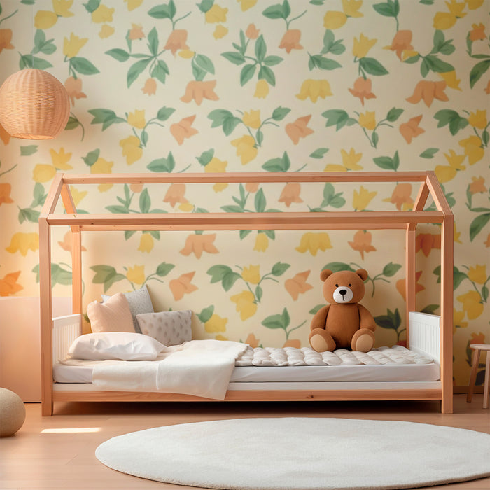 Papier peint chambre bébé | Fleurs délicates et couleurs douces sur fond crème