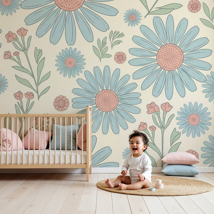 Papel de parede para quarto de bebé | Flores delicadas e cores pastel para um ambiente suave