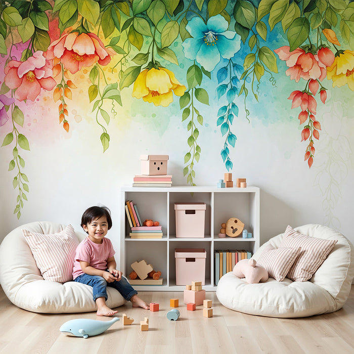 Babykamer behang | Delicate bloemen en pastelkleuren in zwevende stijl