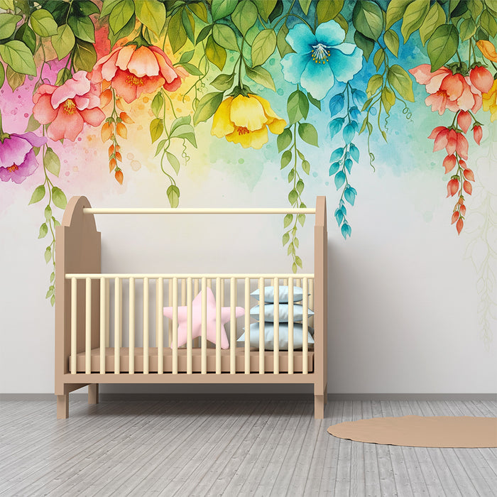 Babykamer behang | Delicate bloemen en pastelkleuren in zwevende stijl