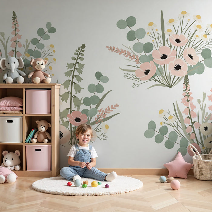 Papel de parede quarto bebê | Flores delicadas e cores suaves