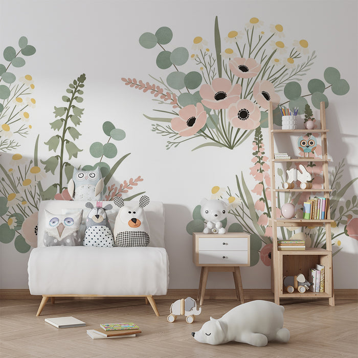 Papel de parede quarto bebê | Flores delicadas e cores suaves