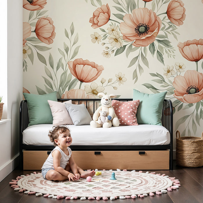 Papel de parede quarto bebê | Flores delicadas e tons suaves