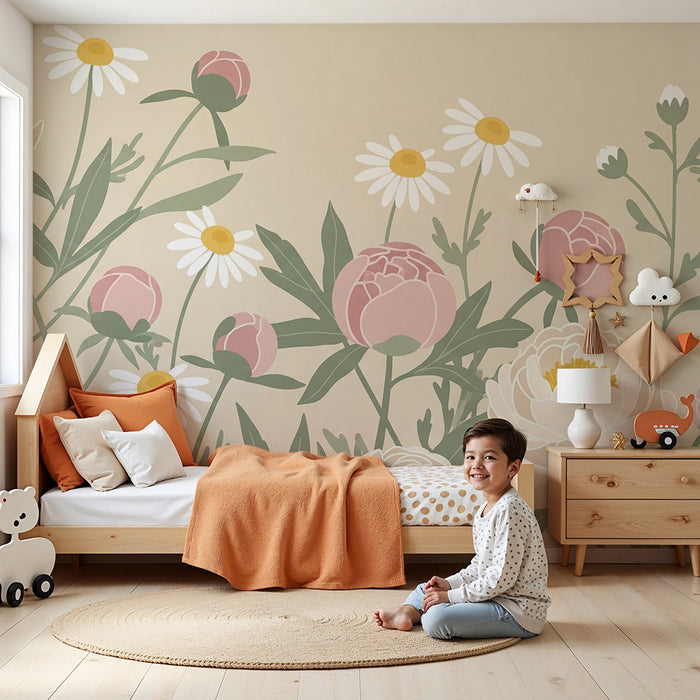 Børneværelse tapet | Delikate blomster og blide pastelfarver