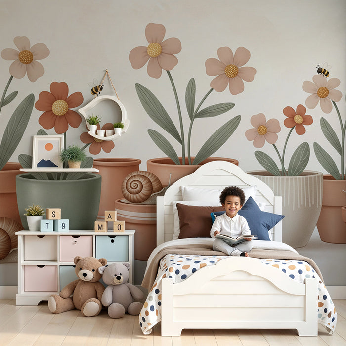 Hârtie de perete pentru camera bebelușului | Flori delicate și melci în ghivece colorate