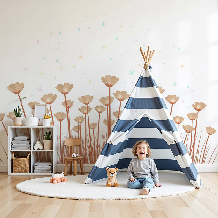 Papel de parede quarto bebê | Flores delicadas e estrelas brilhantes