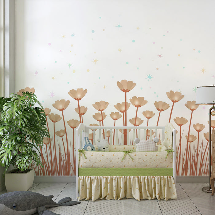 Papel de parede quarto bebê | Flores delicadas e estrelas brilhantes
