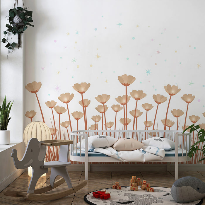 Papel de parede quarto bebê | Flores delicadas e estrelas brilhantes