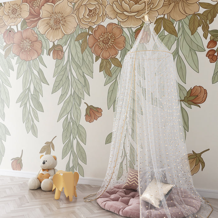 Babyzimmer Tapete | Zarte Blumen und beruhigendes Laubwerk