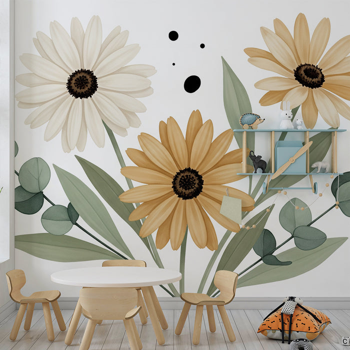 Papier peint chambre bébé | Fleurs délicates et feuillage apaisant