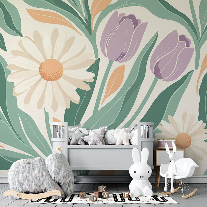 Tapet pentru camera copilului | Flori delicate și frunziș liniștitor