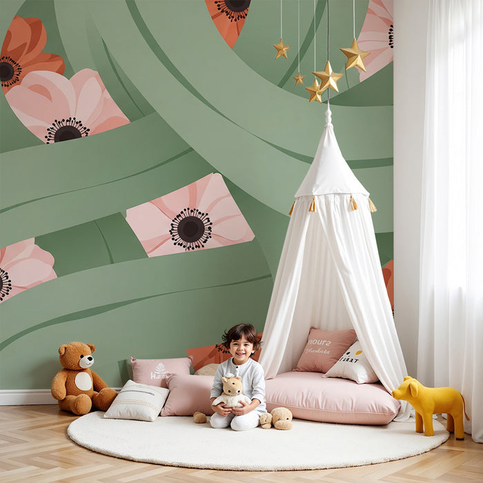 Papier peint chambre bébé | Fleurs délicates et feuillage apaisant