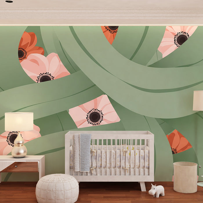 Papier peint chambre bébé | Fleurs délicates et feuillage apaisant