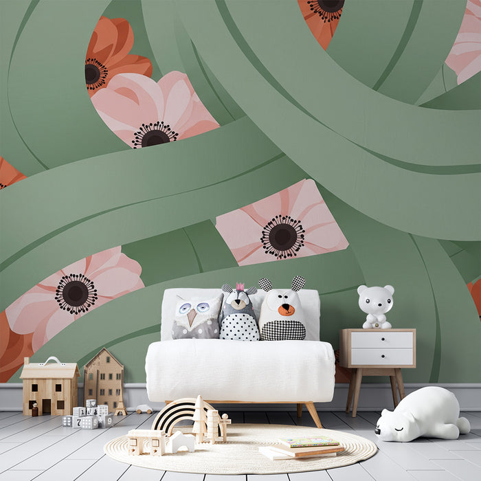 Papier peint chambre bébé | Fleurs délicates et feuillage apaisant