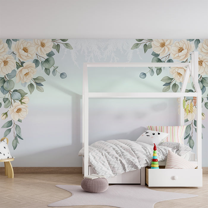 Tapet barnerom | Delikate blomster og beroligende løvverk på pastellfarget bakgrunn