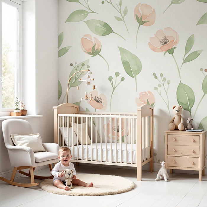 Papier peint chambre bébé | Fleurs délicates et feuillage doux en aquarelle