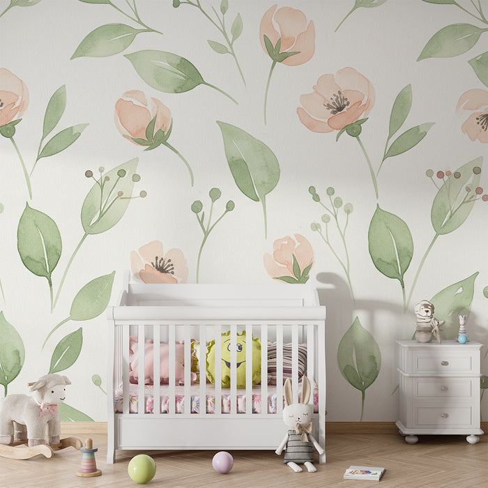 Papier peint chambre bébé | Fleurs délicates et feuillage doux en aquarelle