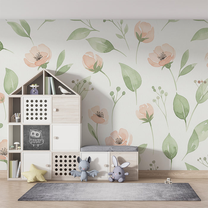 Papier peint chambre bébé | Fleurs délicates et feuillage doux en aquarelle