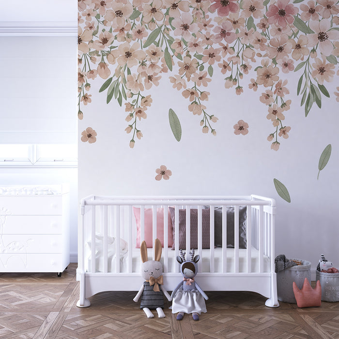 Papier peint chambre bébé | Fleurs délicates et feuillage doux en aquarelle