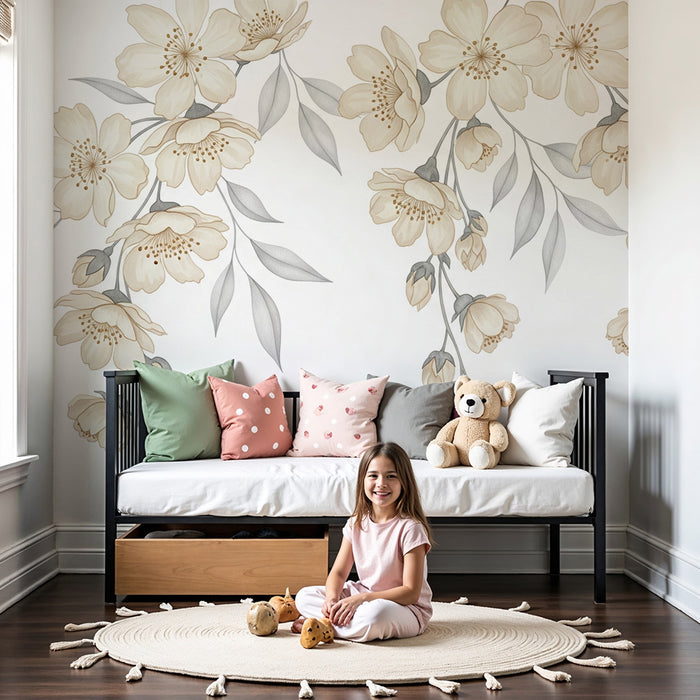 Børneværelse tapet | Delikate blomster og bløde blade i neutrale toner