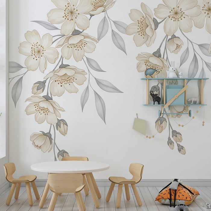 Børneværelse tapet | Delikate blomster og bløde blade i neutrale toner