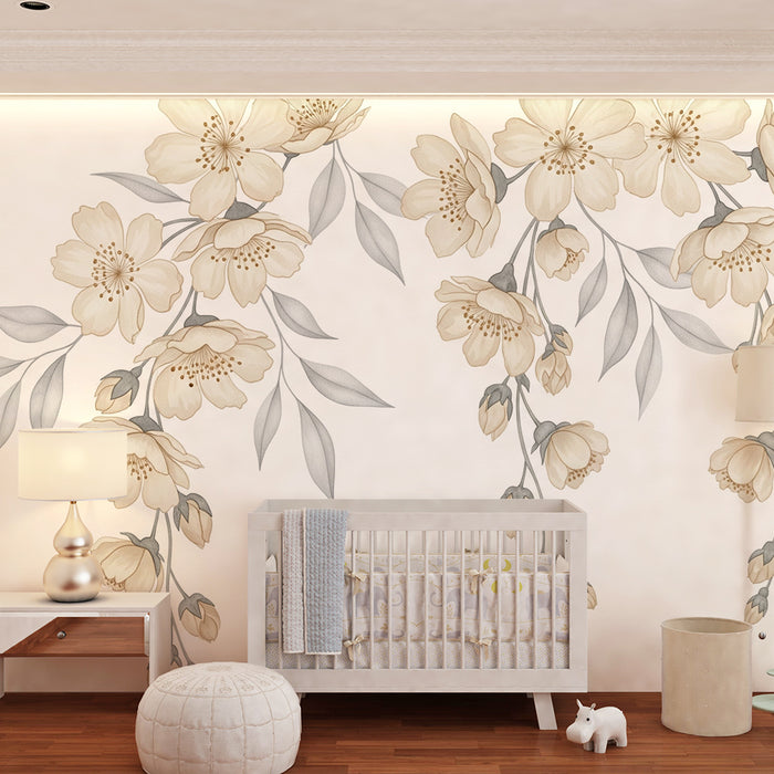 Børneværelse tapet | Delikate blomster og bløde blade i neutrale toner