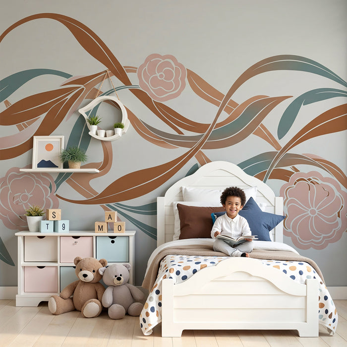 Papel de parede para quarto de bebé | Flores delicadas e folhagem suave em tons pastel