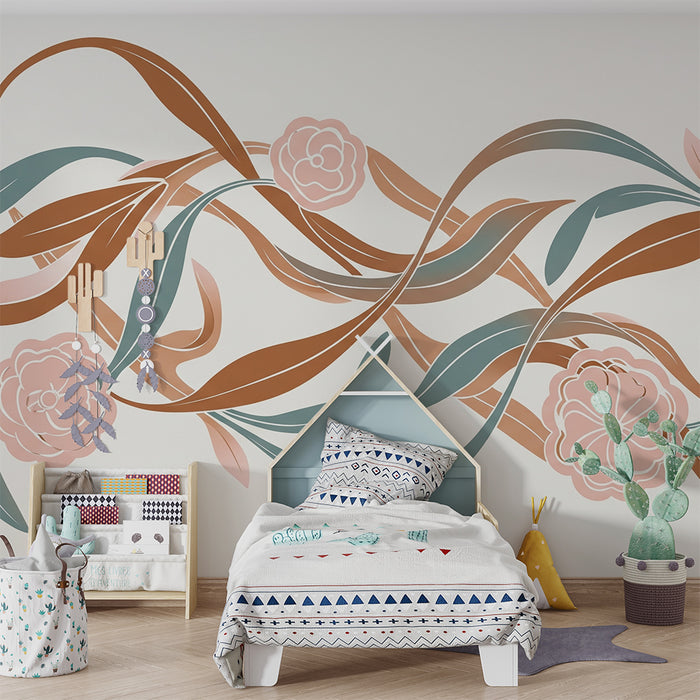 Papel de parede para quarto de bebé | Flores delicadas e folhagem suave em tons pastel