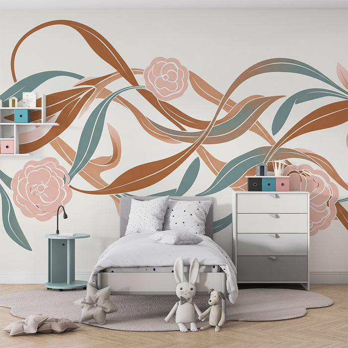 Papel de parede para quarto de bebé | Flores delicadas e folhagem suave em tons pastel