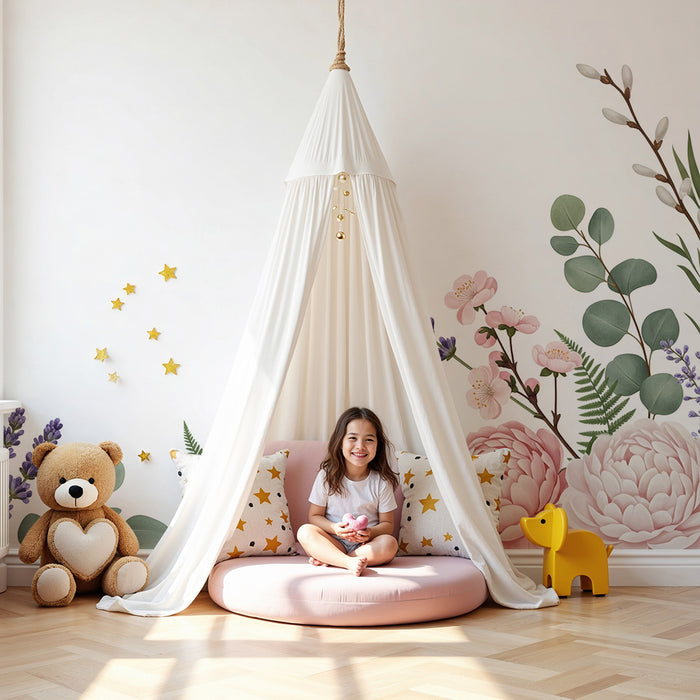 Babykamer behang | Delicate bloemen en zachte bladeren voor een rustgevende sfeer