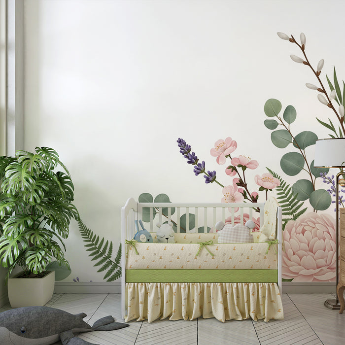 Babykamer behang | Delicate bloemen en zachte bladeren voor een rustgevende sfeer